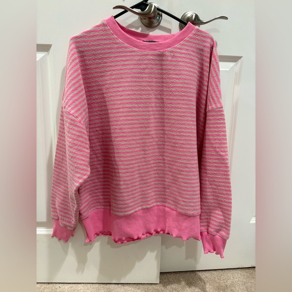 Hudson Gray Tops - Pink and Grey Stripe Comfy Sweatshirt Oversized